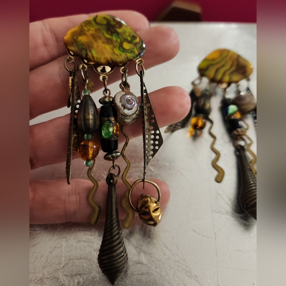 1980s vintage mixed media shell, glass, metal statement earrings